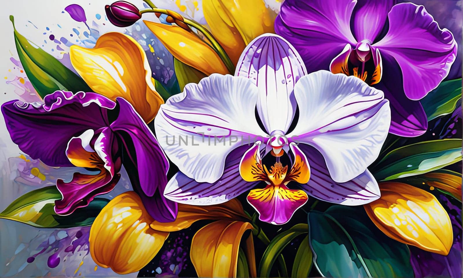 Charming orchids in yellow and purple tones with lush green leaves, positioned against deep starry backdrop, perfect for floral-themed designs and elegant nature-inspired projects