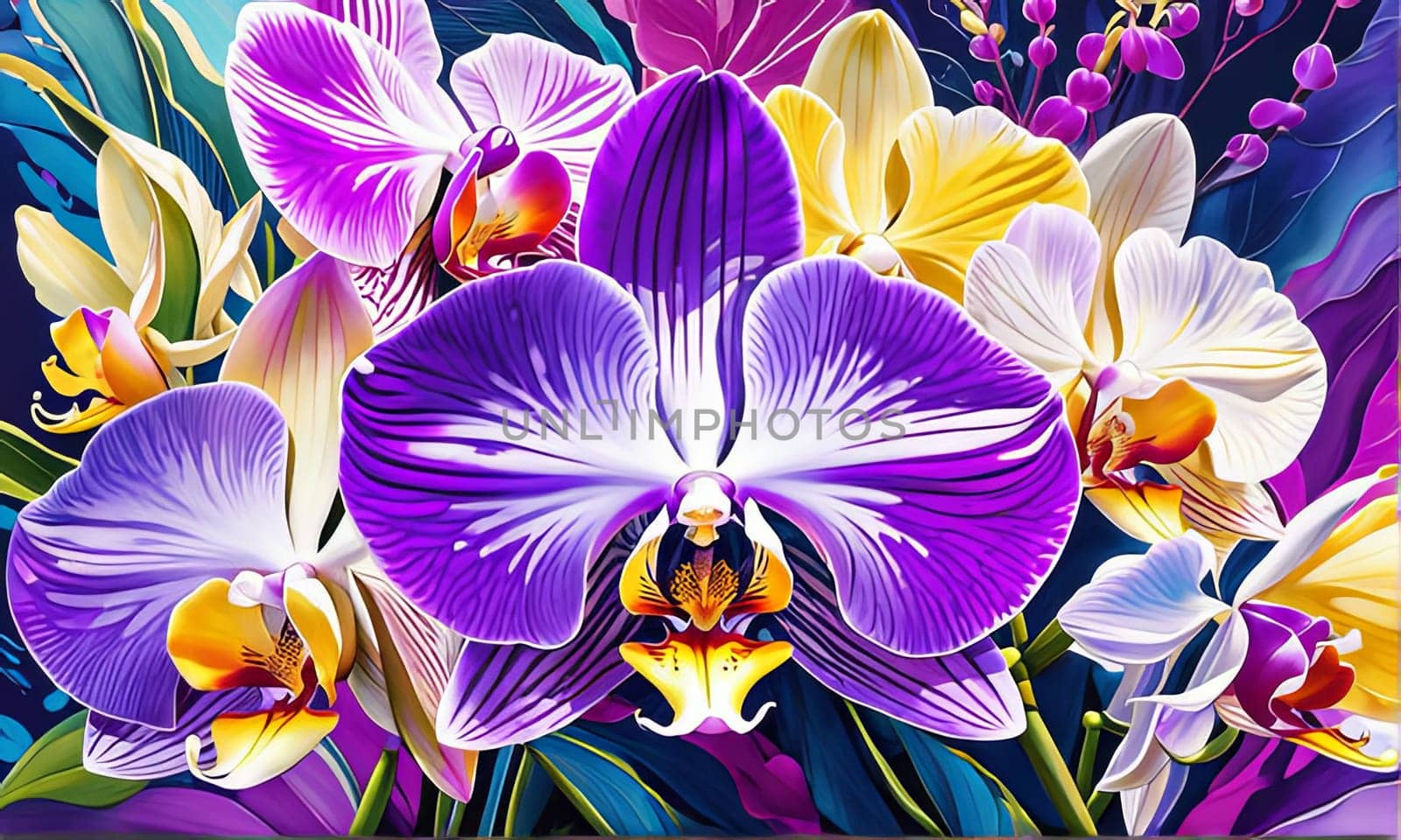 Elegant yellow and purple orchids with delicate petals and rich green leaves, set against dark starry background, creating stunning visual for nature lovers and floral art enthusiasts