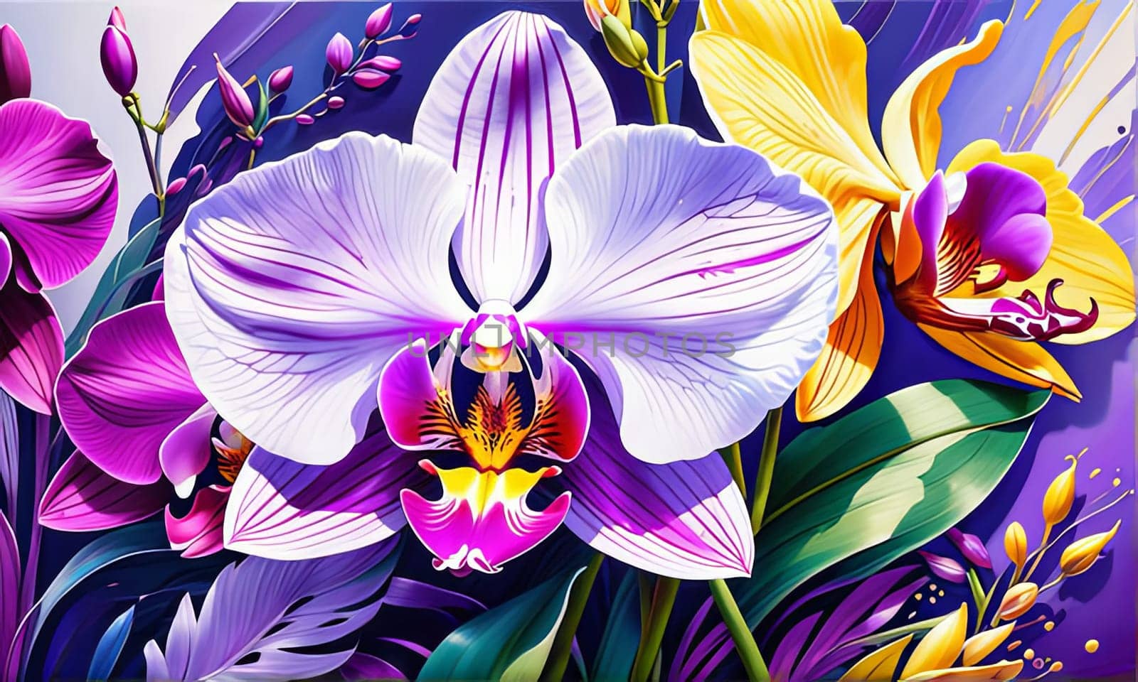 Elegant yellow and purple orchids with delicate petals and rich green leaves, set against dark starry background, creating stunning visual for nature lovers and floral art enthusiasts