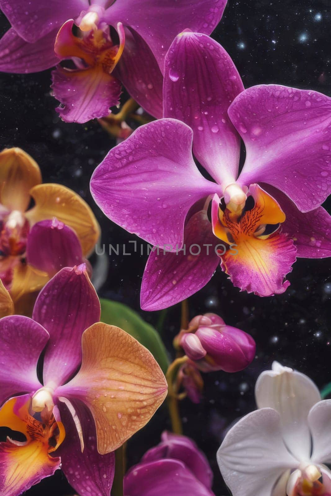 Elegant yellow and purple orchids with delicate petals and rich green leaves, set against dark starry background, creating stunning visual for nature lovers and floral art enthusiasts