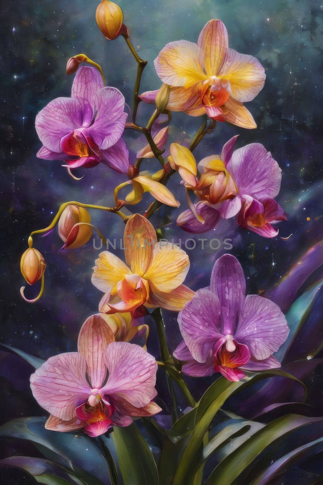Elegant yellow and purple orchids with delicate petals and rich green leaves, set against dark starry background, creating stunning visual for nature lovers and floral art enthusiasts