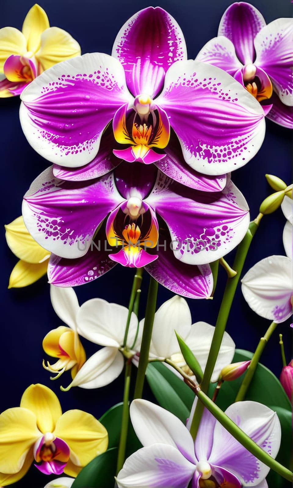 Elegant yellow and purple orchids with delicate petals and rich green leaves, set against dark starry background, creating stunning visual for nature lovers and floral art enthusiasts