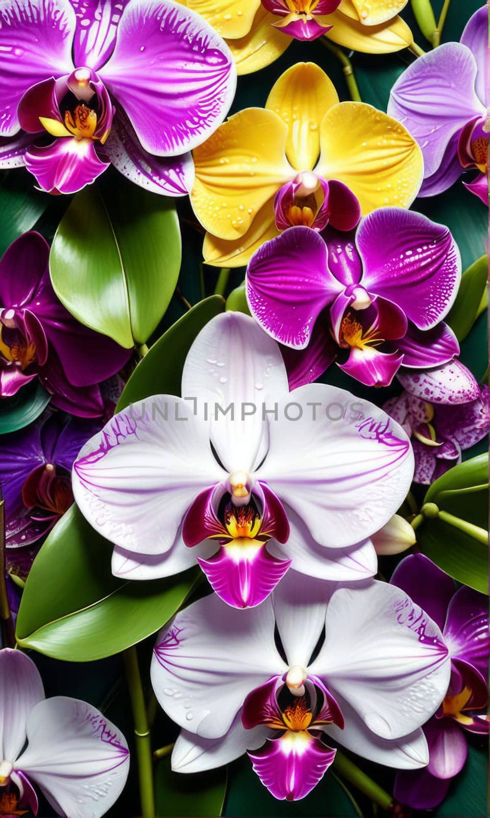 Elegant yellow and purple orchids with delicate petals and rich green leaves, set against dark starry background, creating stunning visual for nature lovers and floral art enthusiasts