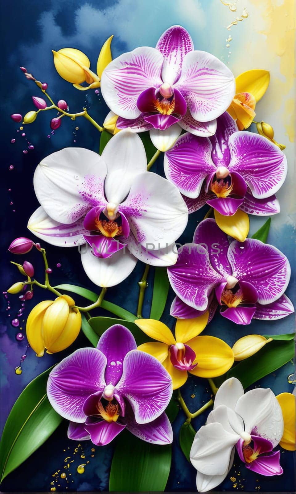 Elegant yellow and purple orchids with delicate petals and rich green leaves, set against dark starry background, creating stunning visual for nature lovers and floral art enthusiasts