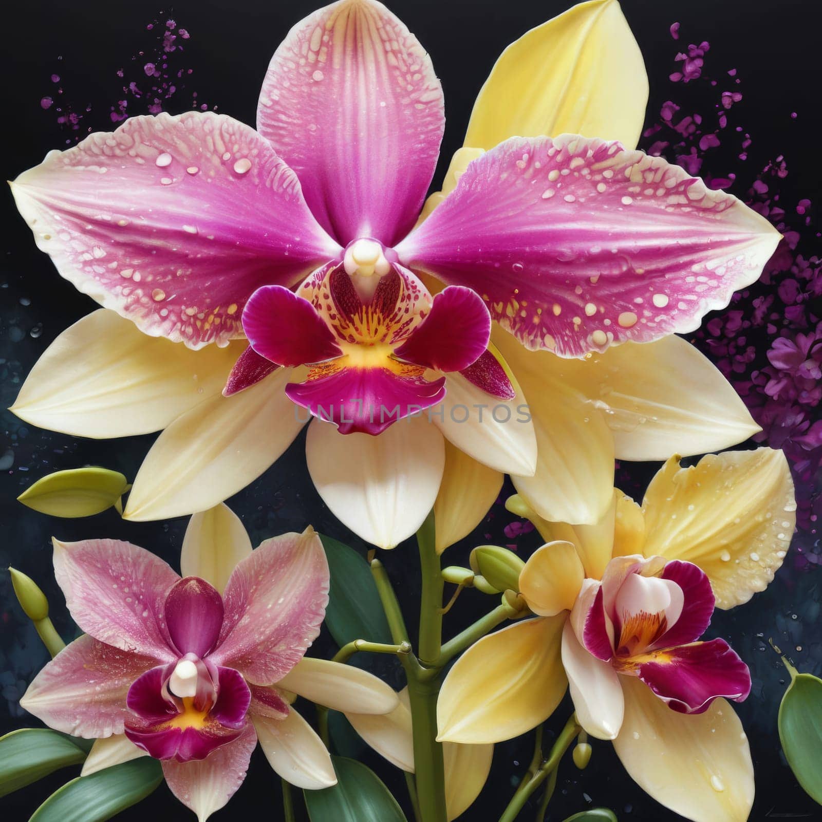 Elegant yellow and purple orchids with delicate petals and rich green leaves, set against dark starry background, creating stunning visual for nature lovers and floral art enthusiasts
