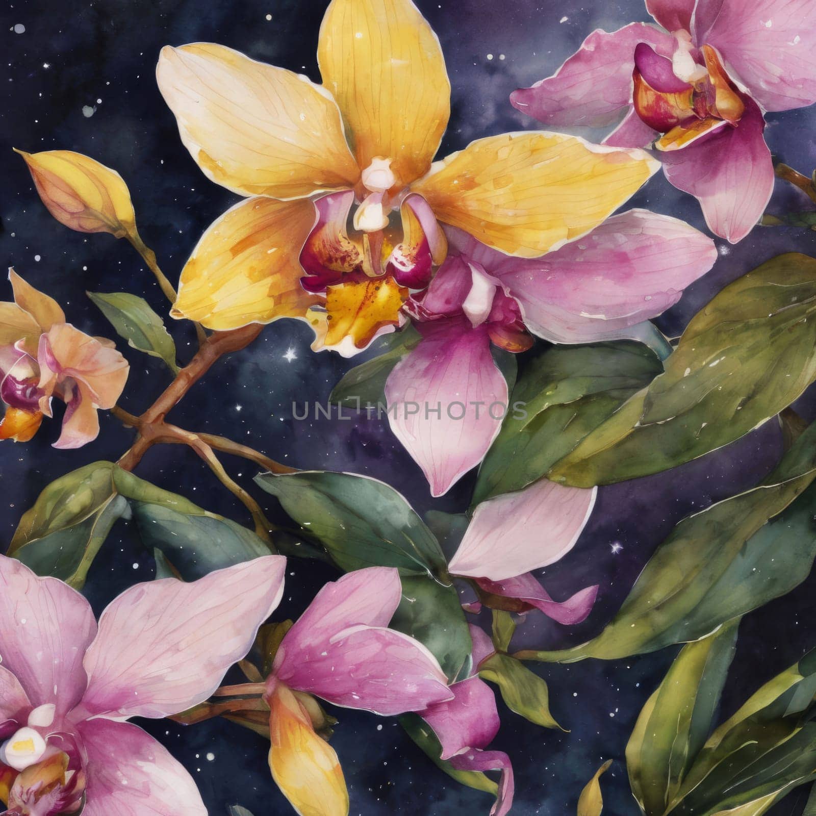 Vibrant yellow and purple orchids with lush green leaves, on deep starry backdrop, offering beautiful floral composition ideal for enhancing elegance in design projects