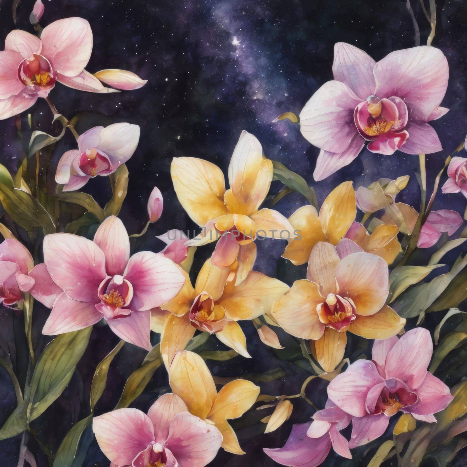 Vibrant yellow and purple orchids with lush green leaves, on deep starry backdrop, offering beautiful floral composition ideal for enhancing elegance in design projects