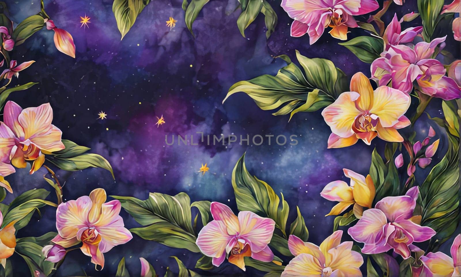 Vibrant yellow and purple orchids with lush green leaves, on deep starry backdrop, offering beautiful floral composition ideal for enhancing elegance in design projects