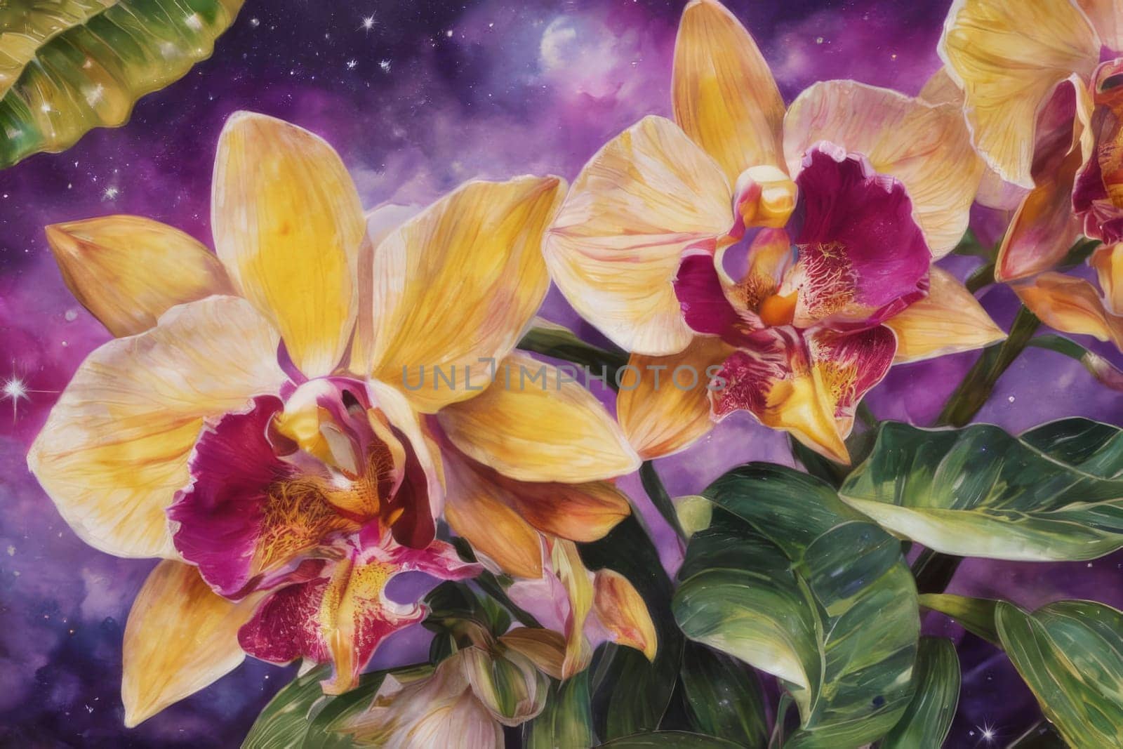 Vibrant yellow and purple orchids with lush green leaves, on deep starry backdrop, offering beautiful floral composition ideal for enhancing elegance in design projects