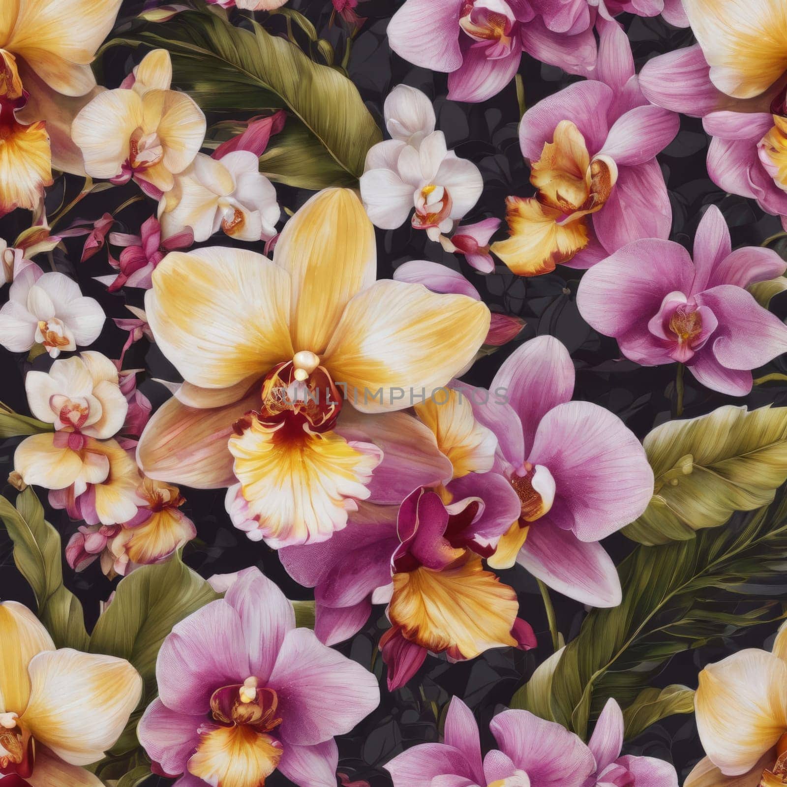 Intricate yellow and purple orchids with vivid green leaves, on dark starry background, creating perfect blend of elegance and natural beauty for floral art and designs