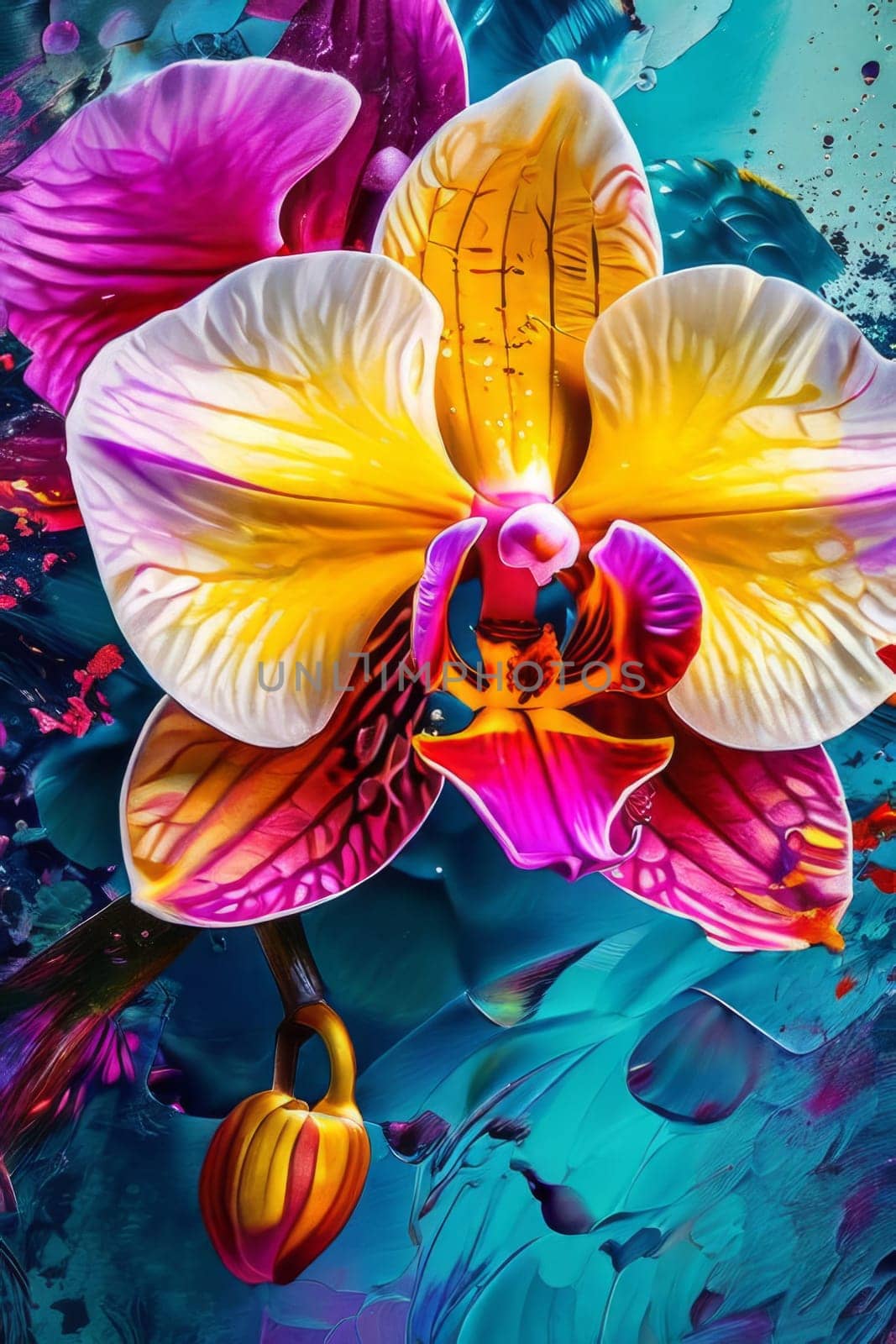 Stunning floral arrangement of yellow and purple orchids, with lush green leaves on deep starry canvas, perfect for inspiring creativity and elegance in nature-themed projects
