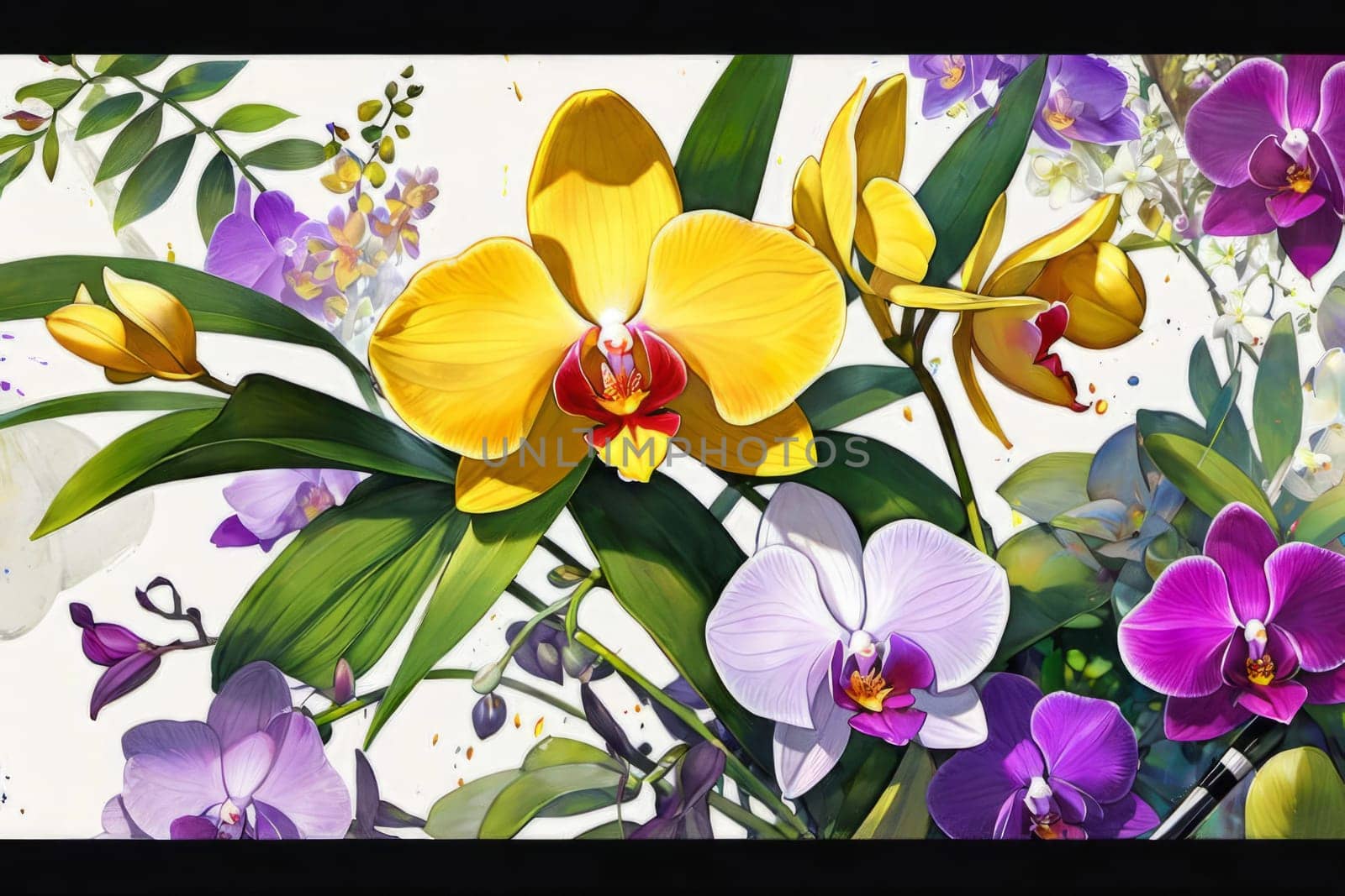 Stunning floral arrangement of yellow and purple orchids, with lush green leaves on deep starry canvas, perfect for inspiring creativity and elegance in nature-themed projects