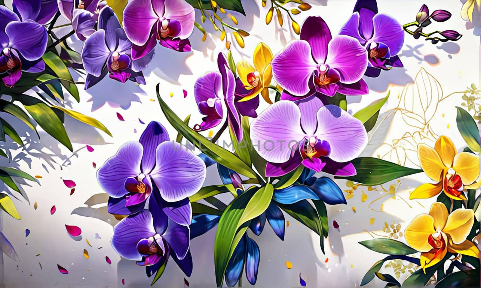 Stunning floral arrangement of yellow and purple orchids, with lush green leaves on deep starry canvas, perfect for inspiring creativity and elegance in nature-themed projects