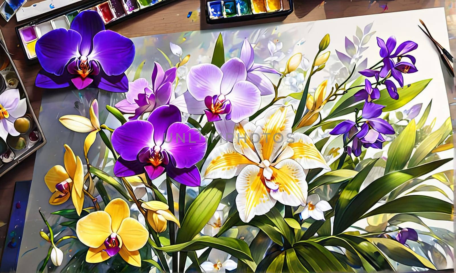 Exquisite yellow and purple orchids with vibrant green leaves, set against dark starry background, ideal for adding touch of elegance and natures beauty to design projects