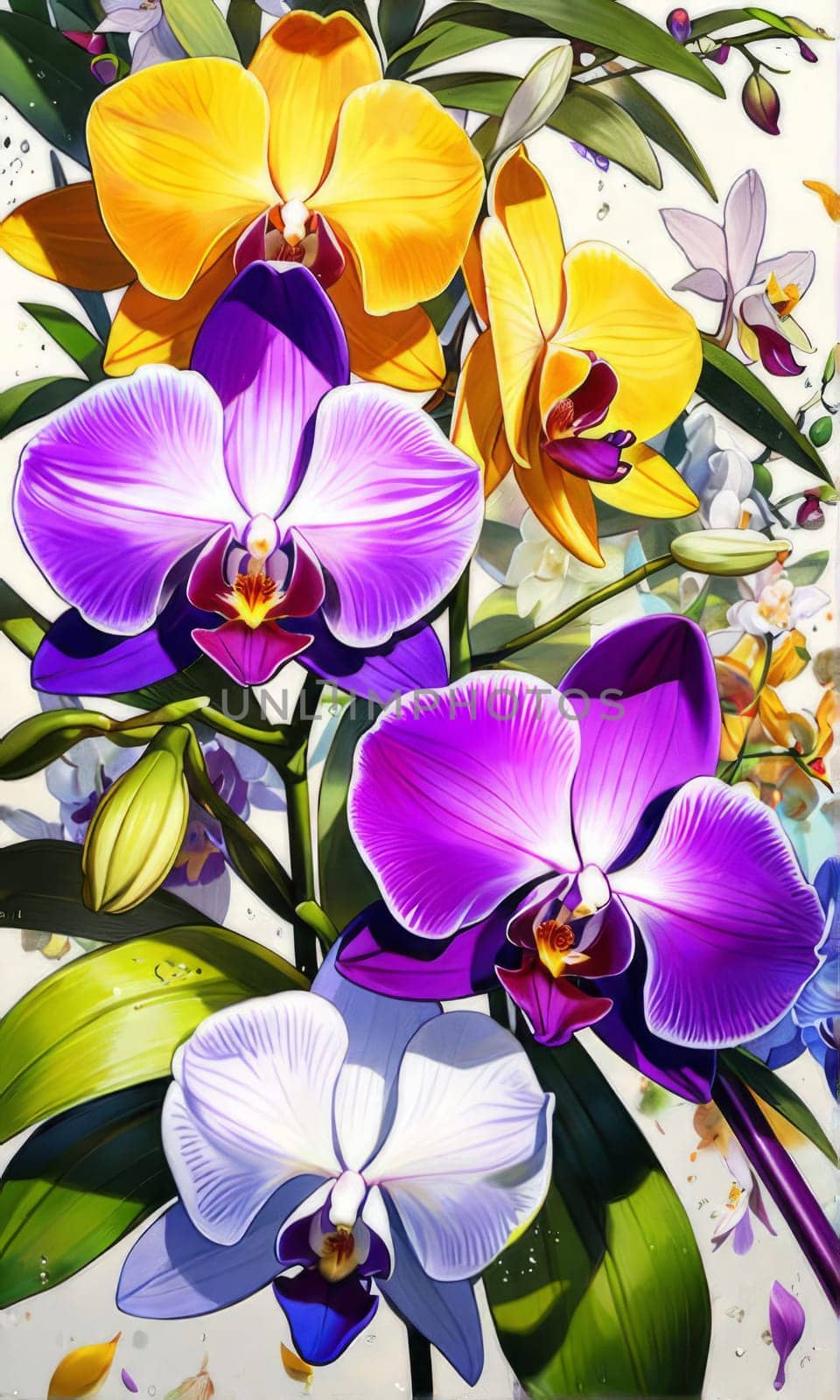 Exquisite yellow and purple orchids with vibrant green leaves, set against dark starry background, ideal for adding touch of elegance and natures beauty to design projects