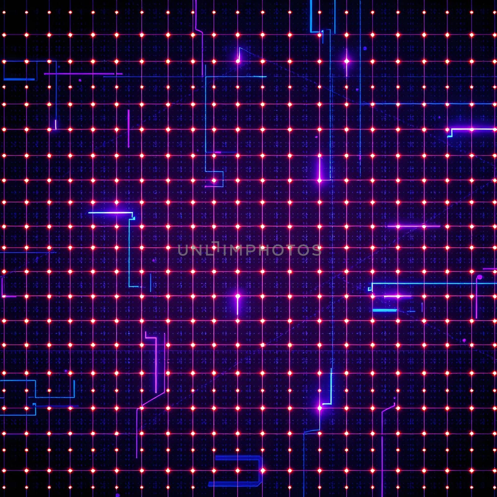 A futuristic digital grid illuminated with neon blue and purple lights on a dark backdrop, creating a striking cyber aesthetic.