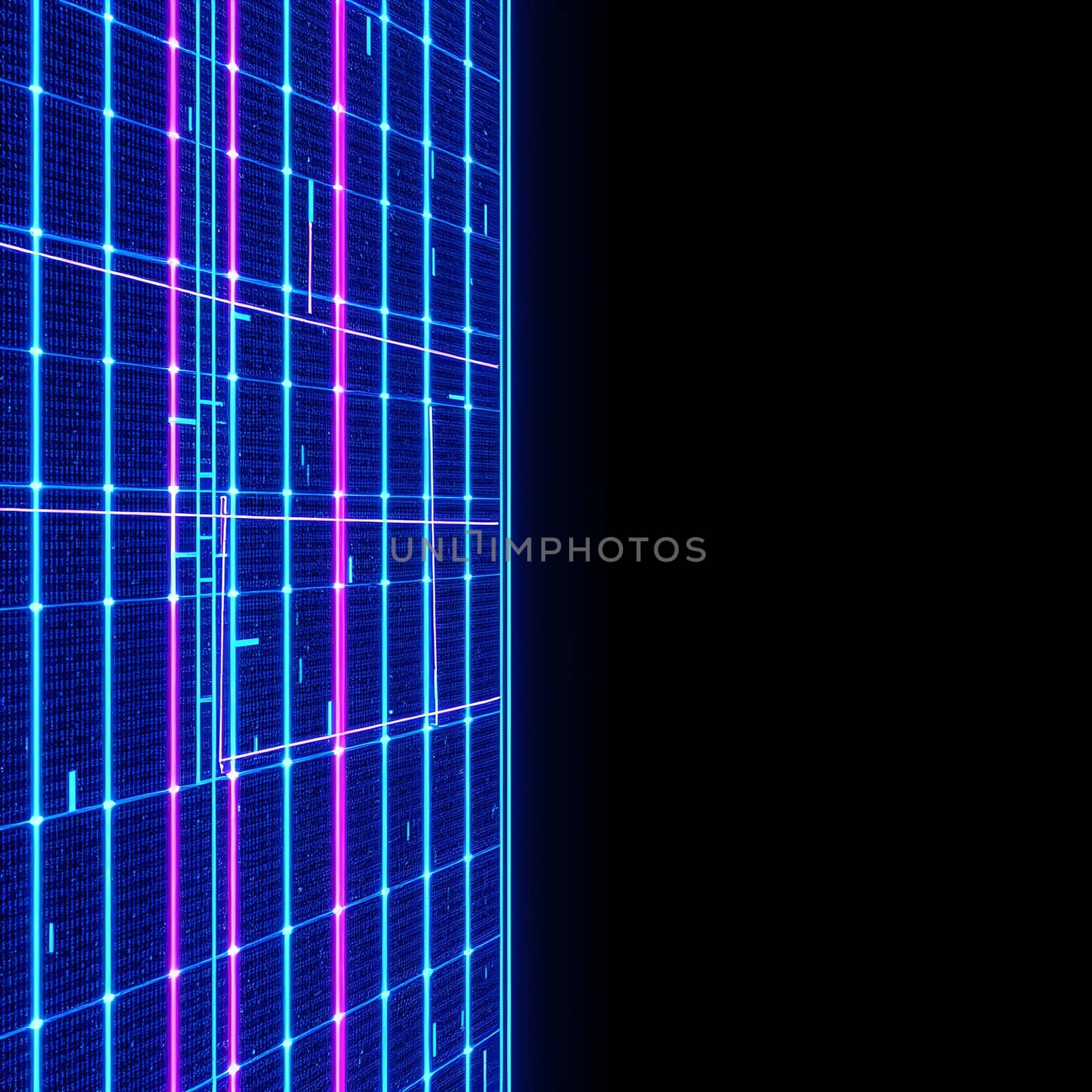 A futuristic digital grid illuminated with neon blue and purple lights on a dark backdrop, creating a striking cyber aesthetic.