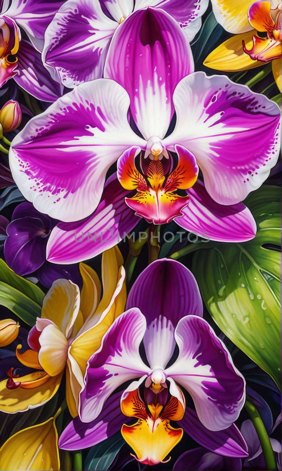 Exquisite yellow and purple orchids with vibrant green leaves, set against dark starry background, ideal for adding touch of elegance and natures beauty to design projects