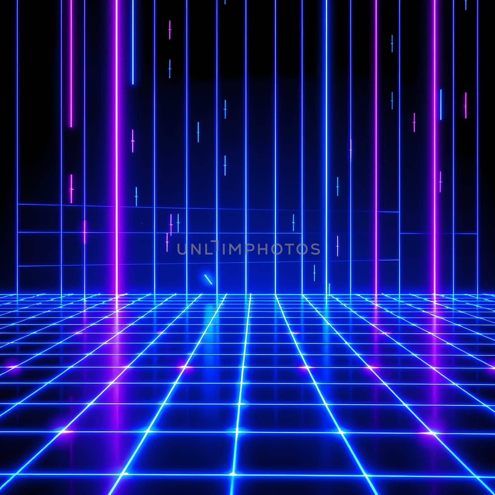 A futuristic digital grid illuminated with neon blue and purple lights on a dark backdrop, creating a striking cyber aesthetic.