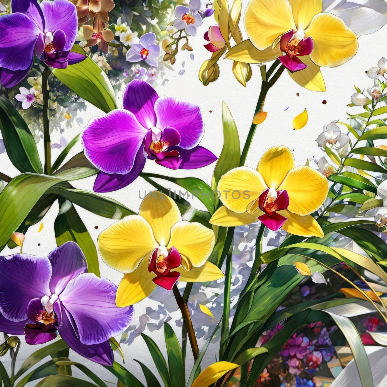 Captivating yellow and purple orchids with lush green leaves, against deep starry backdrop, offering blend of elegance and natural beauty for floral-themed art and design