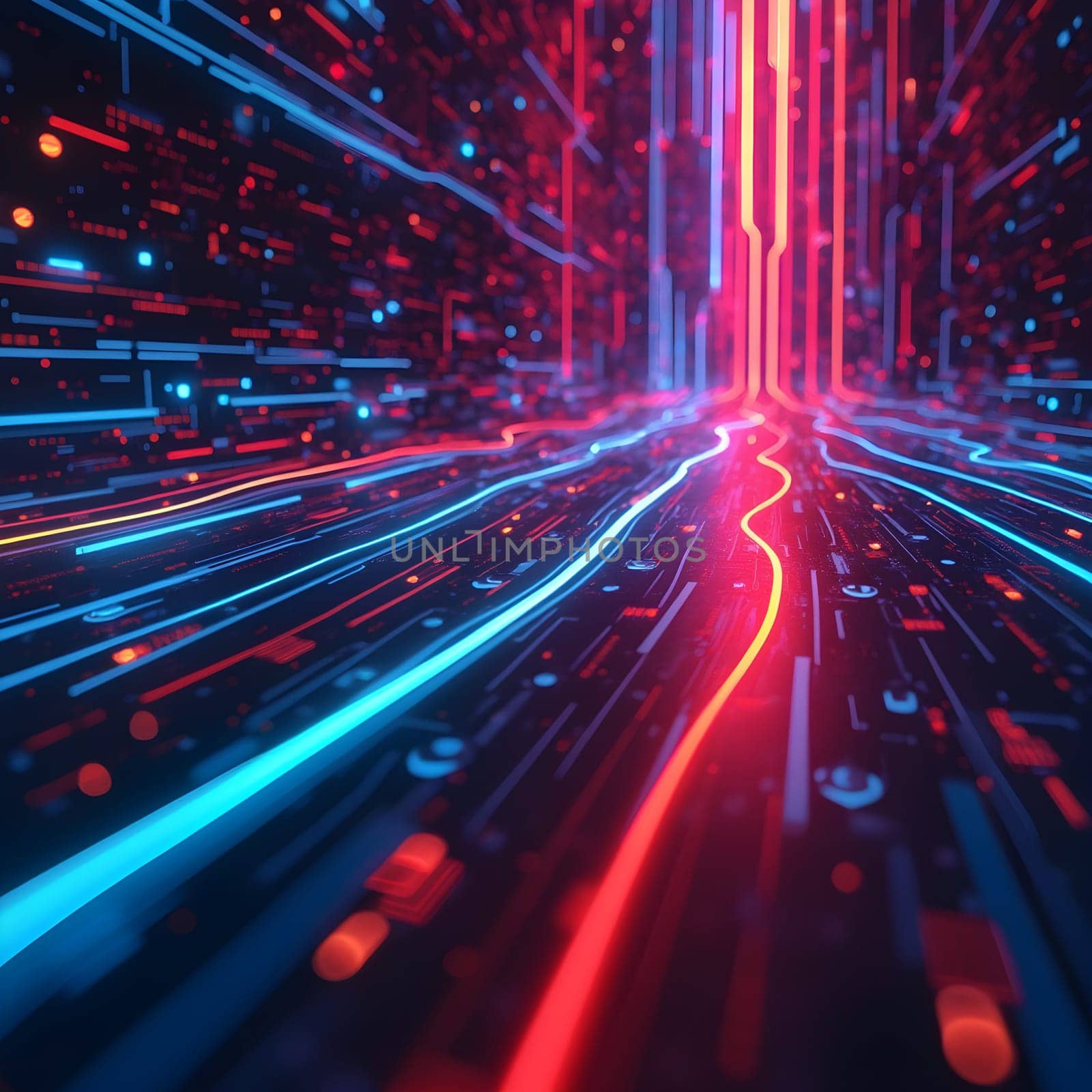 A high-tech abstract background featuring vibrant neon lines creating a futuristic and dynamic visual effect.