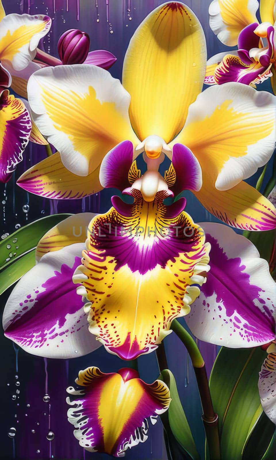 Captivating yellow and purple orchids with lush green leaves, against deep starry backdrop, offering blend of elegance and natural beauty for floral-themed art and design