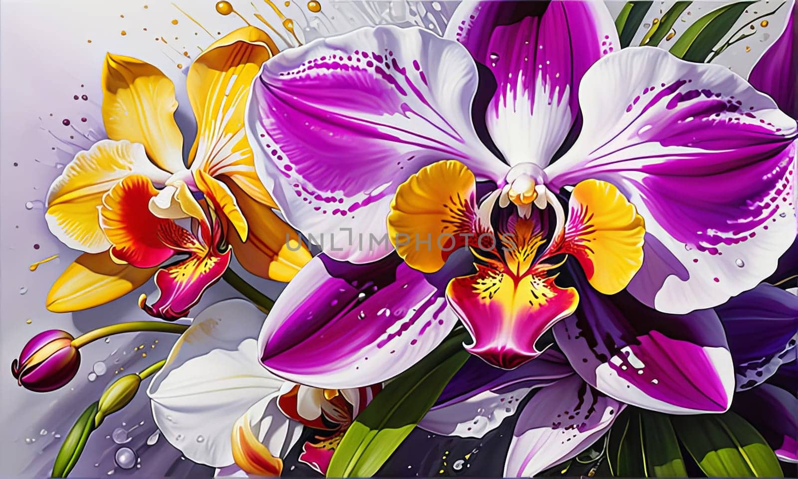 Captivating yellow and purple orchids with lush green leaves, against deep starry backdrop, offering blend of elegance and natural beauty for floral-themed art and design