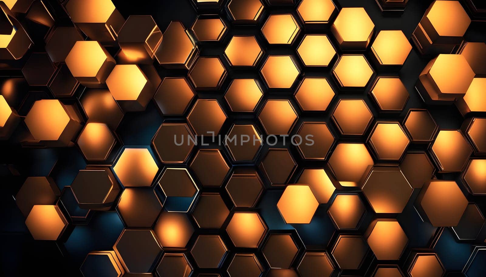 An abstract depiction of hexagonal lights, resembling futuristic technological patterns with a sleek, modern design.