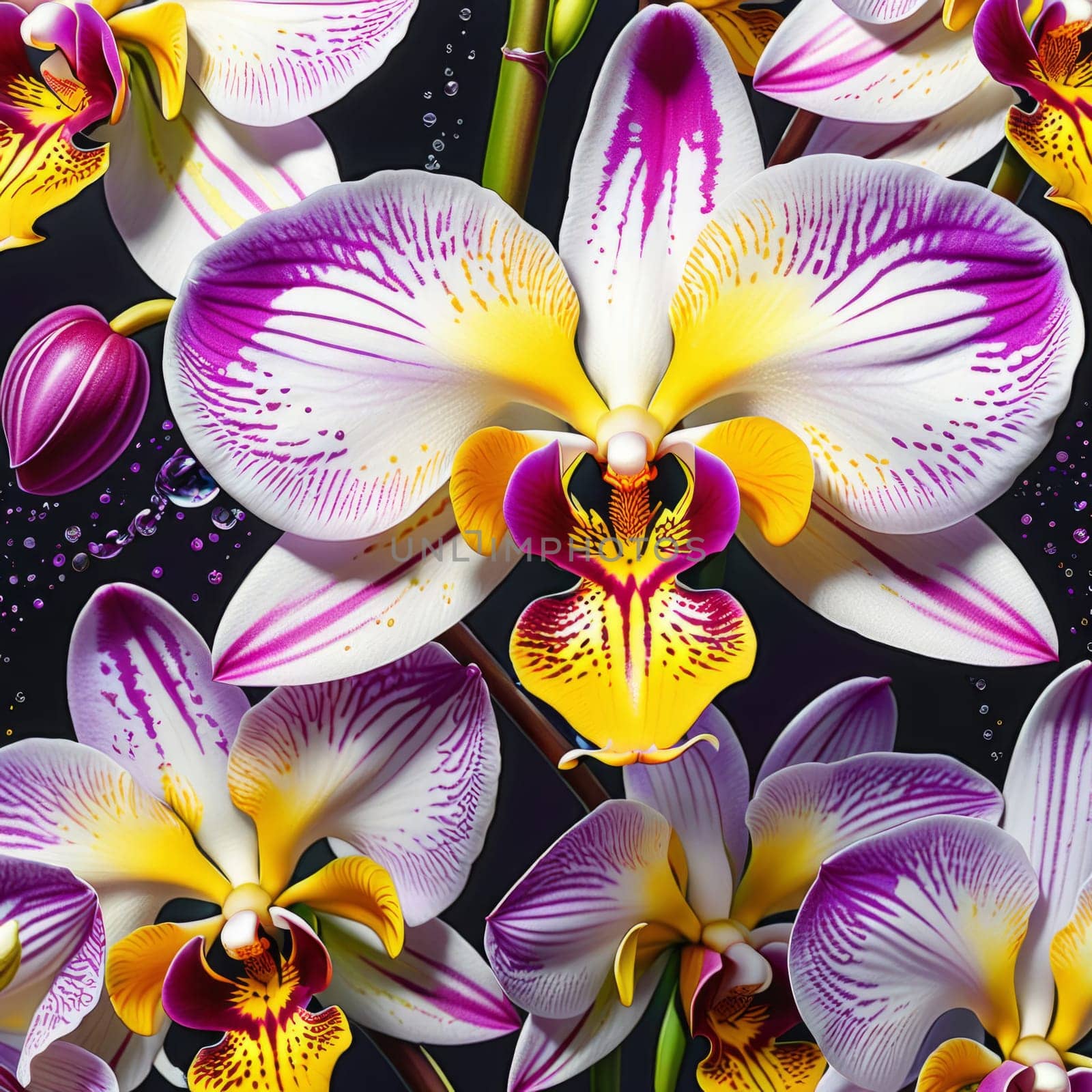 Captivating yellow and purple orchids with lush green leaves, against deep starry backdrop, offering blend of elegance and natural beauty for floral-themed art and design