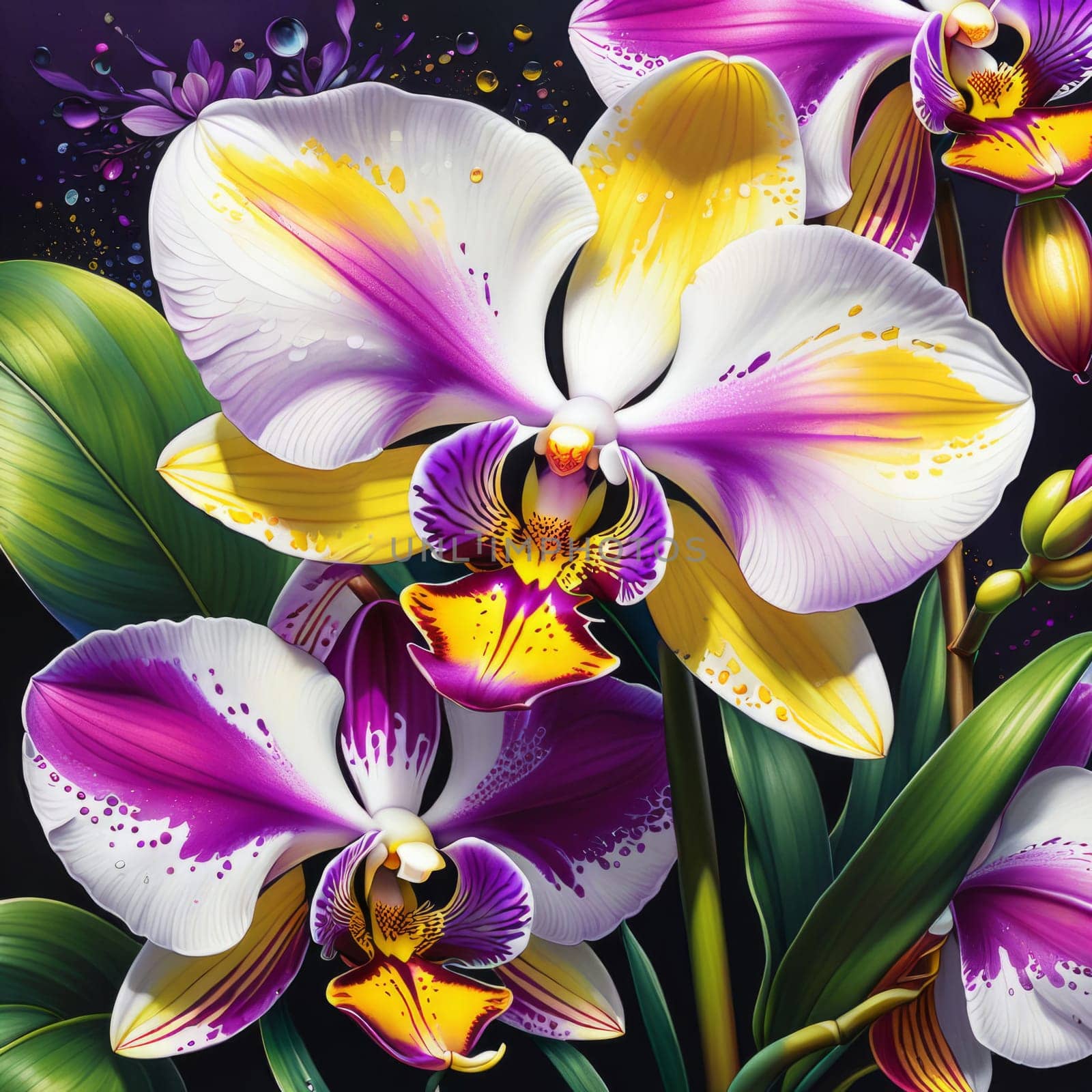 Captivating yellow and purple orchids with lush green leaves, against deep starry backdrop, offering blend of elegance and natural beauty for floral-themed art and design