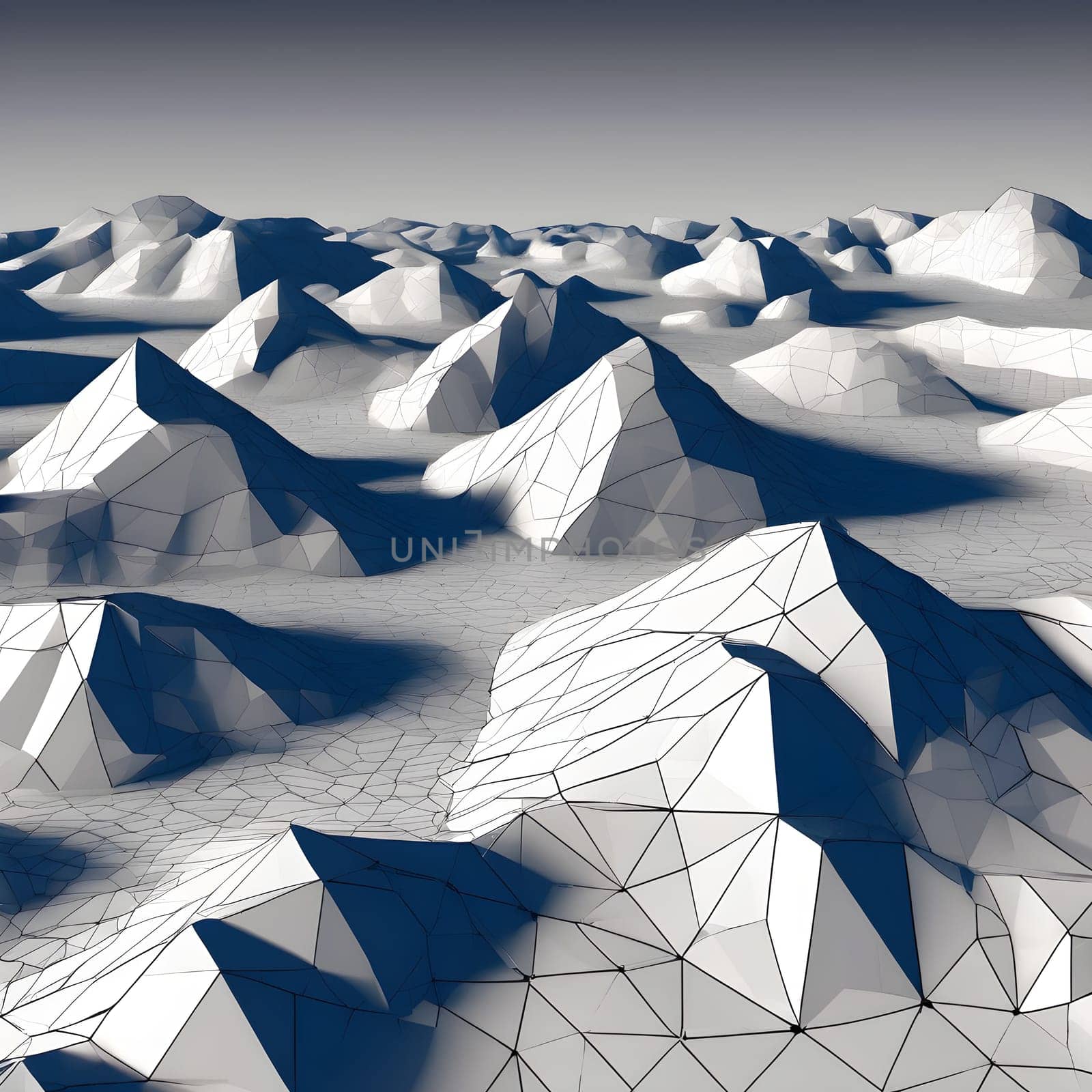 A polygonal wireframe terrain showcasing interconnected triangular shapes, creating a rugged and abstract 3D landscape.