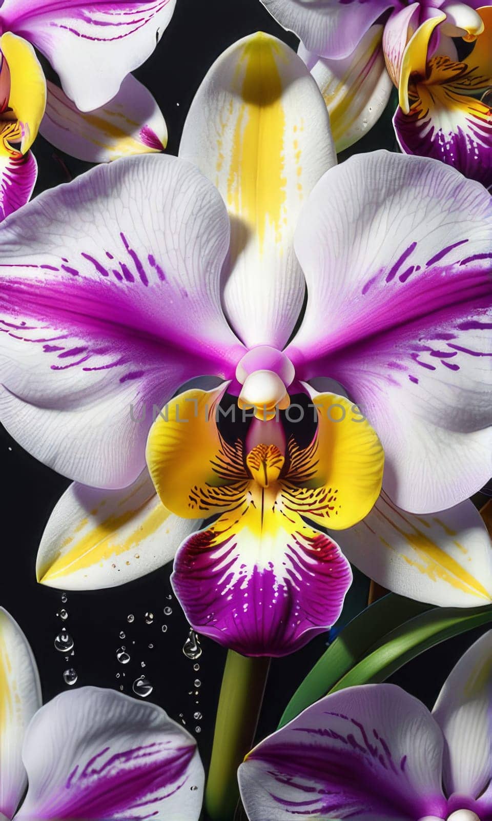 Elegant yellow and purple orchids with lush green leaves, set against deep starry background, creating stunning visual appeal for nature lovers and floral-themed art enthusiasts