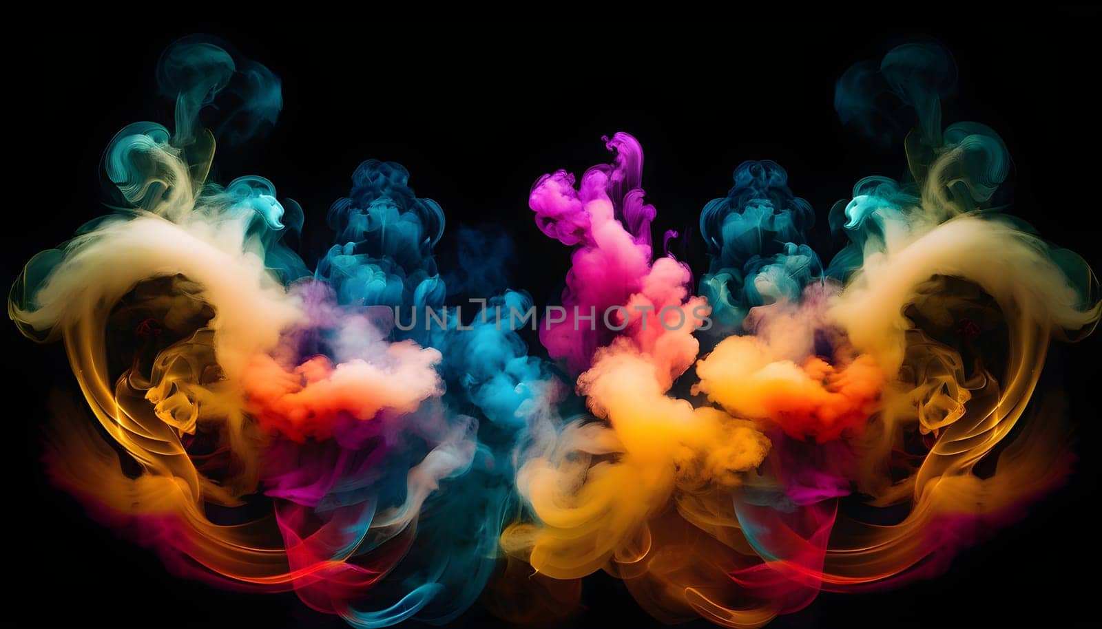 Symmetrical patterns of colorful smoke flowing gracefully against a dark background, creating a mesmerizing and vibrant abstract effect.