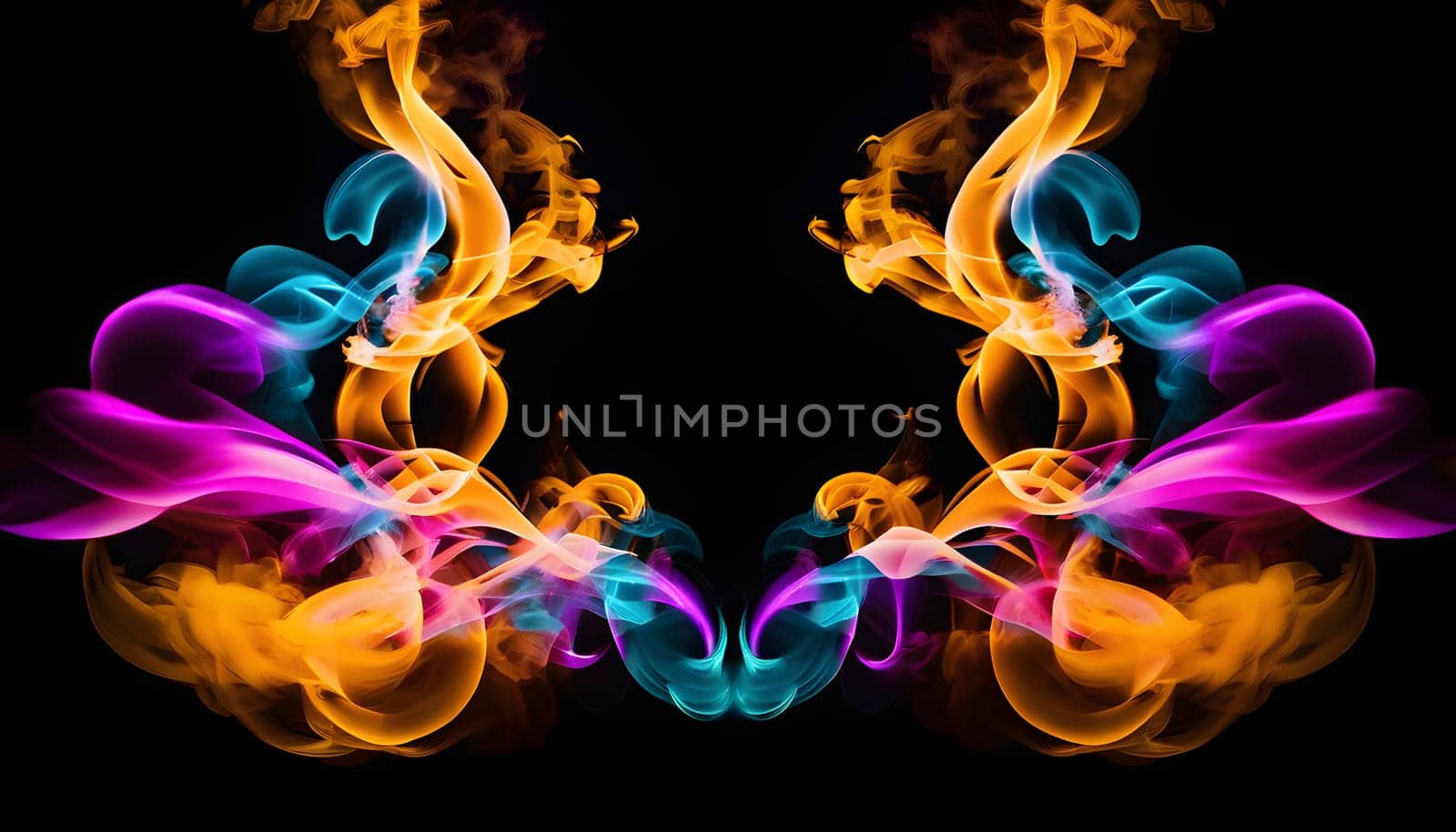 Symmetrical patterns of colorful smoke flowing gracefully against a dark background, creating a mesmerizing and vibrant abstract effect.
