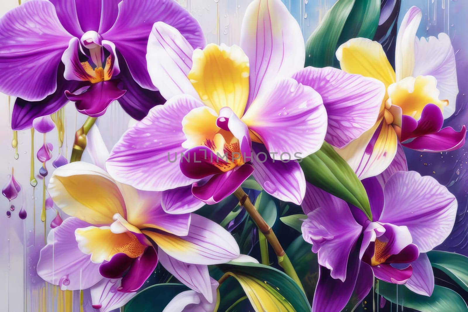 Elegant yellow and purple orchids with lush green leaves, set against deep starry background, creating stunning visual appeal for nature lovers and floral-themed art enthusiasts