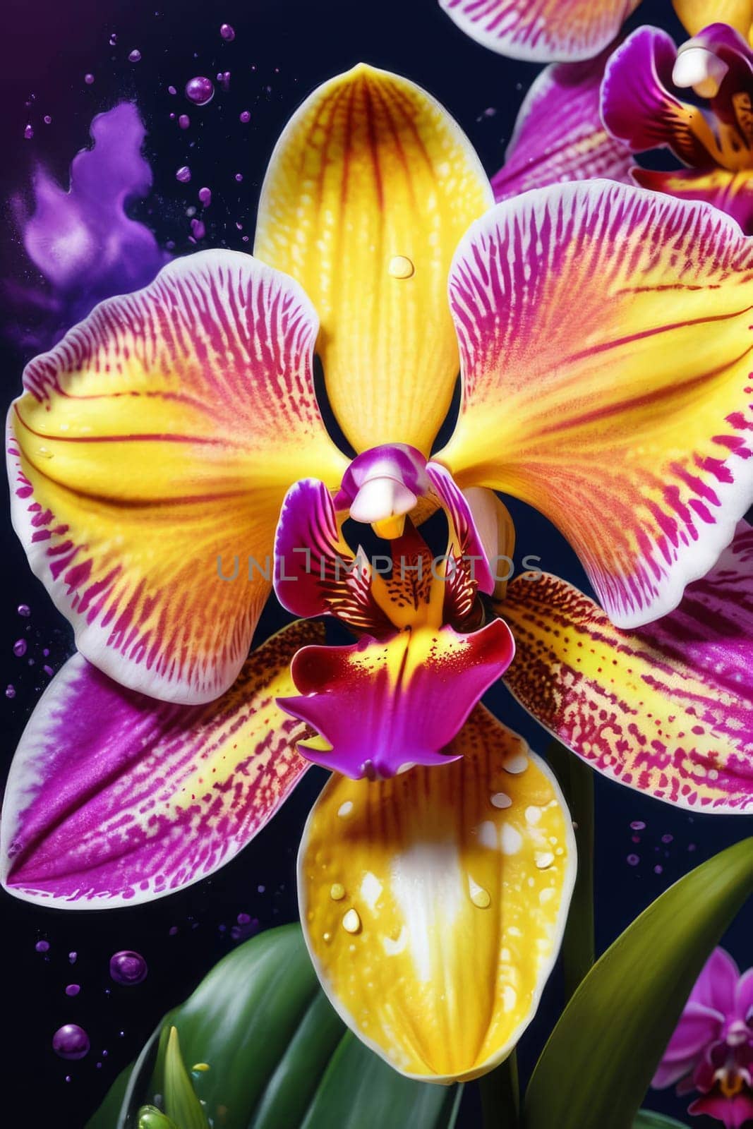 Elegant yellow and purple orchids with lush green leaves, set against deep starry background, creating stunning visual appeal for nature lovers and floral-themed art enthusiasts