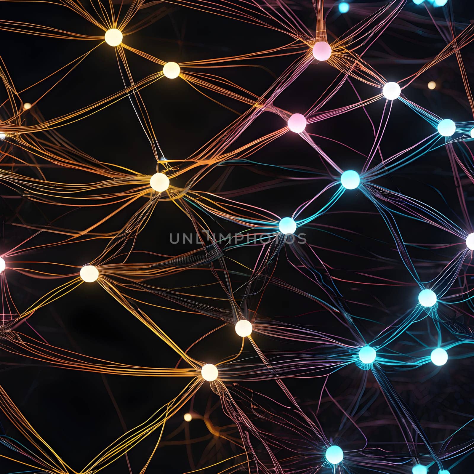 A network of glowing wireframe connections, showcasing interconnected nodes with vibrant neon lights and a digital, futuristic feel.