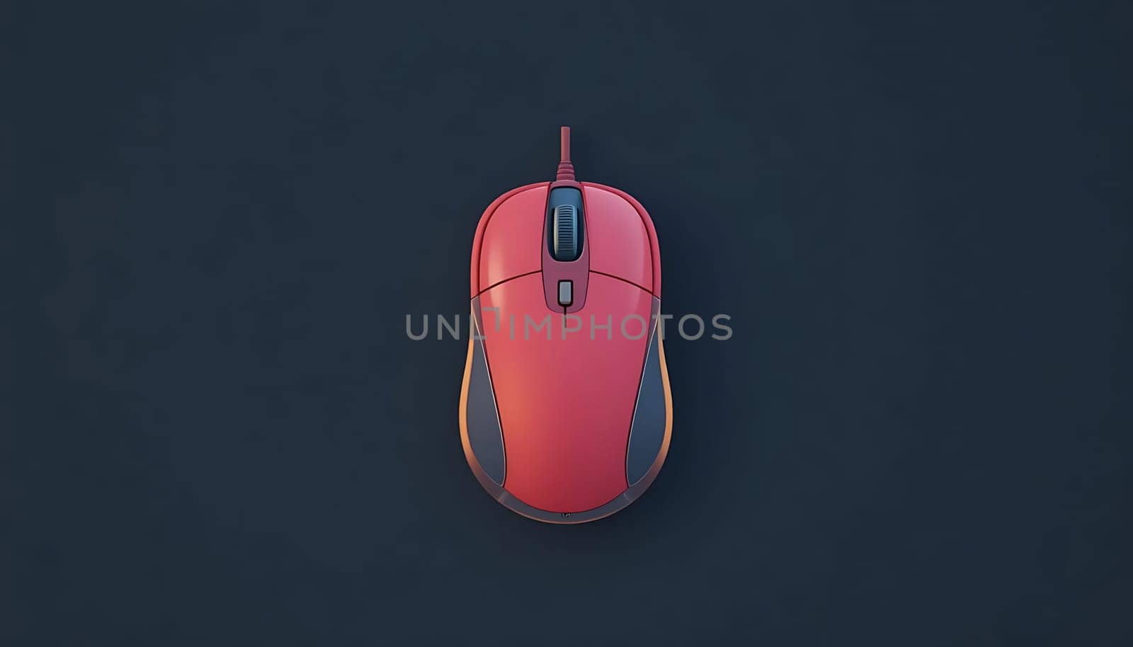 A lone crimson mouse glows against an abyssal blue, like an ember in the night. Its sleek lines and fiery cable evoke a silent, pulsating energy, as if waiting for a touch to ignite action. The ambient calm is charged with anticipation, a quiet before the storm of digital clicks and whirs.