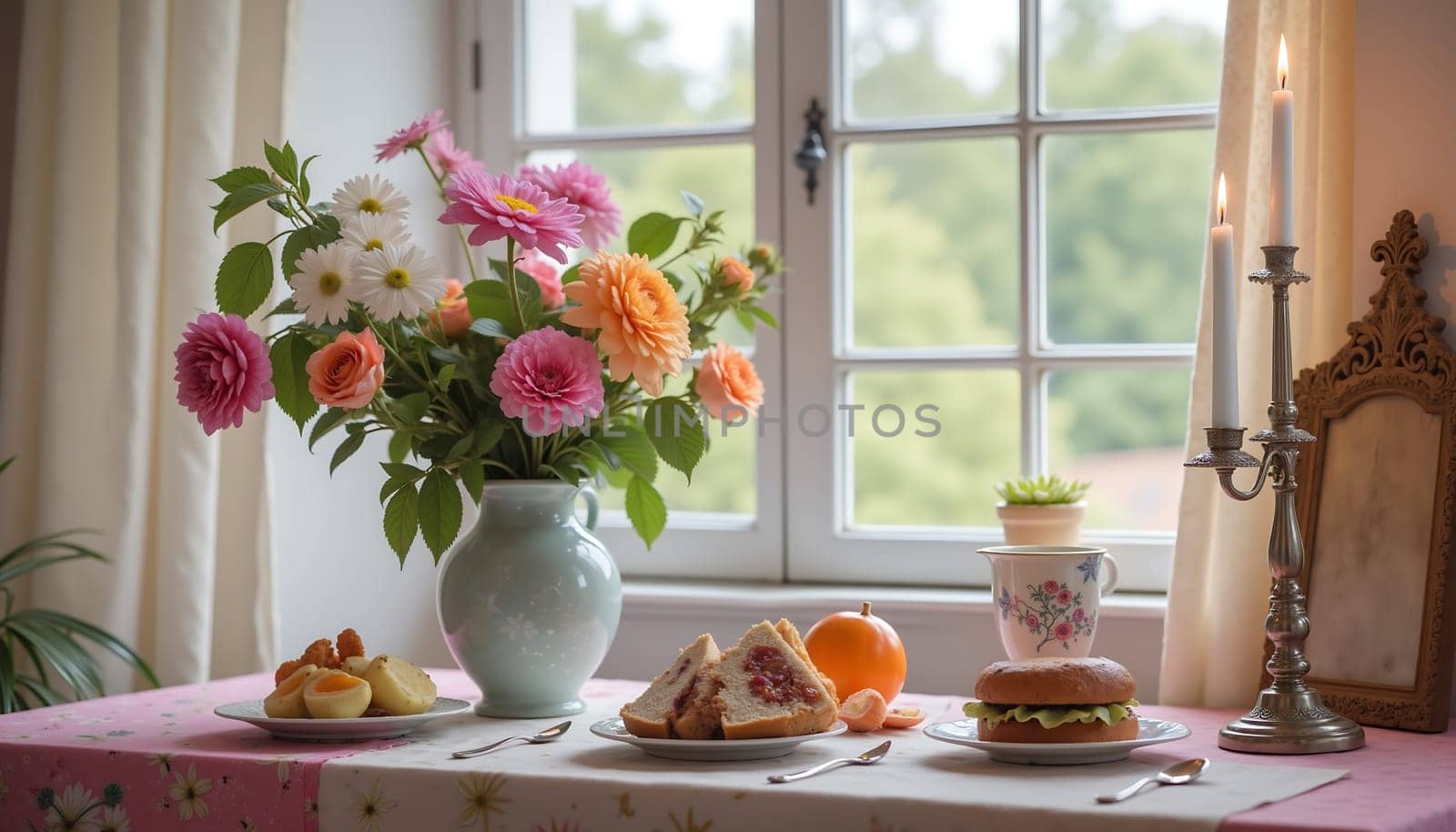 A table with a vase of flowers, a cake, and a sandwich