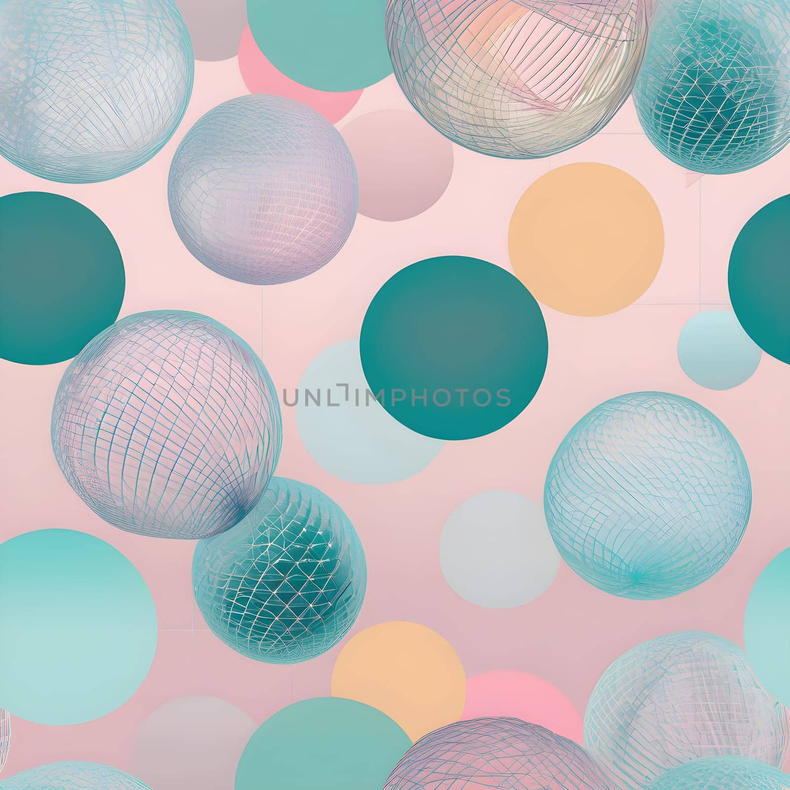 Overlapping wireframe spheres in soft pastel colors, creating a dreamy and geometric visual with depth and texture.