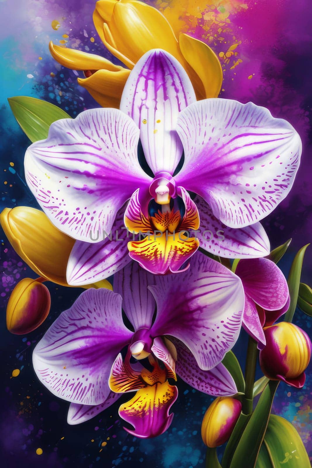 Elegant yellow and purple orchids with lush green leaves, set against deep starry background, creating stunning visual appeal for nature lovers and floral-themed art enthusiasts