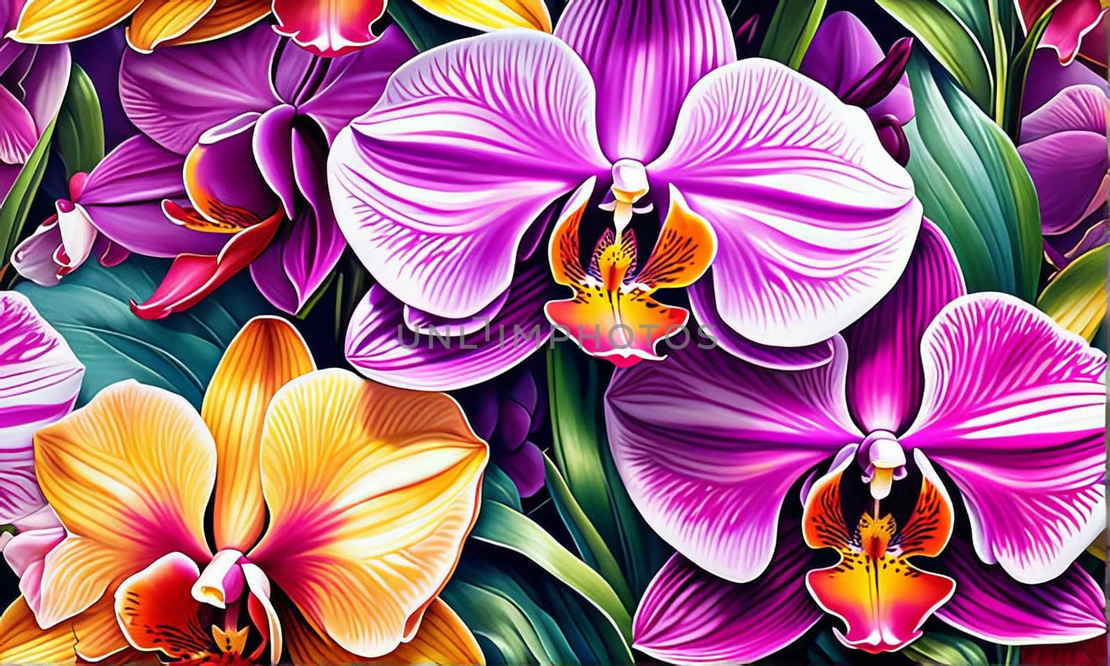 Elegant yellow and purple orchids with lush green leaves, set against deep starry background, creating stunning visual appeal for nature lovers and floral-themed art enthusiasts