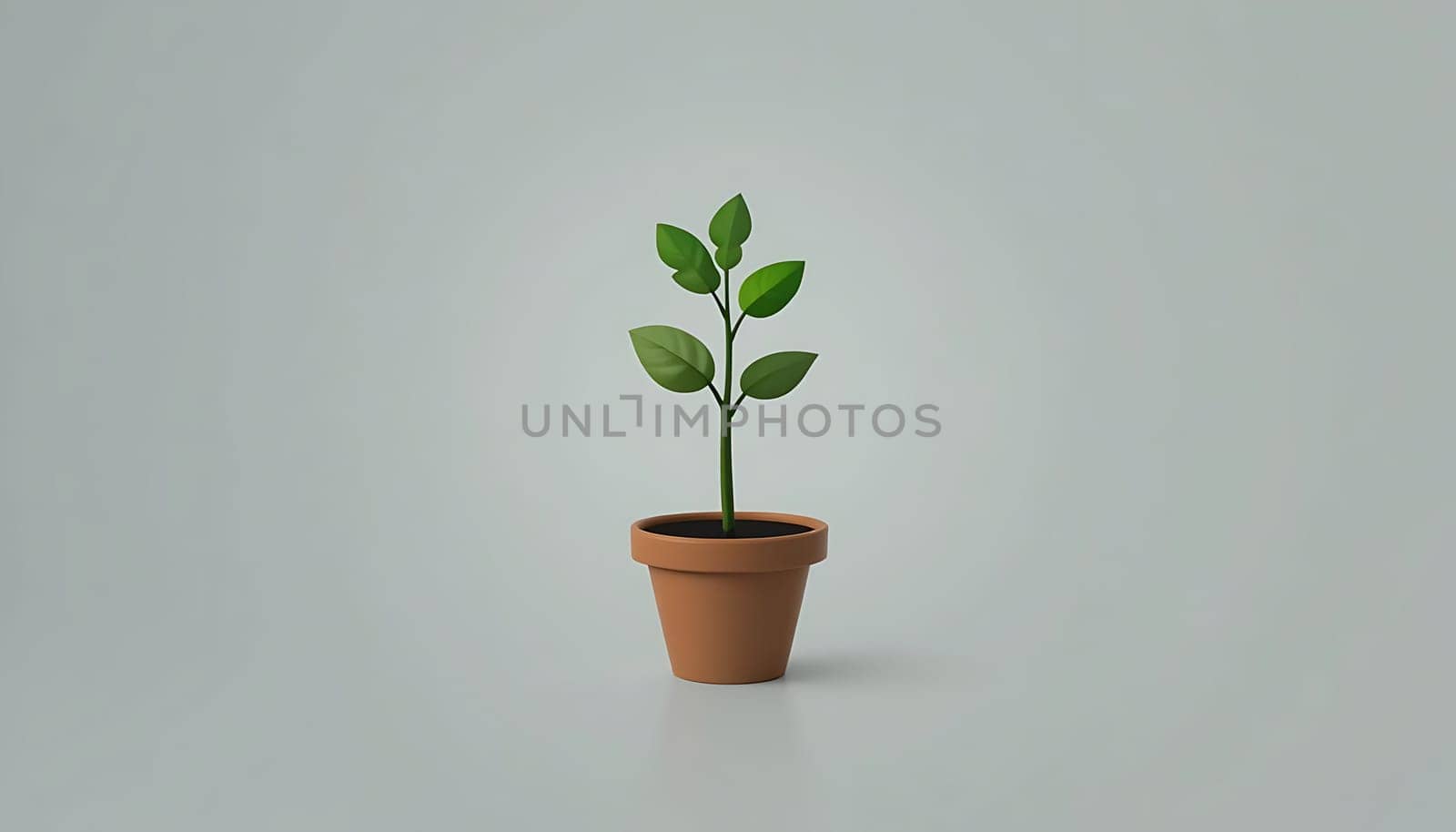 A solitary sapling, its leaves a vibrant green, reaches upward from a terra-cotta pot, cradled in a vast, quiet expanse of pale blue. Hope glimmers amid isolation.