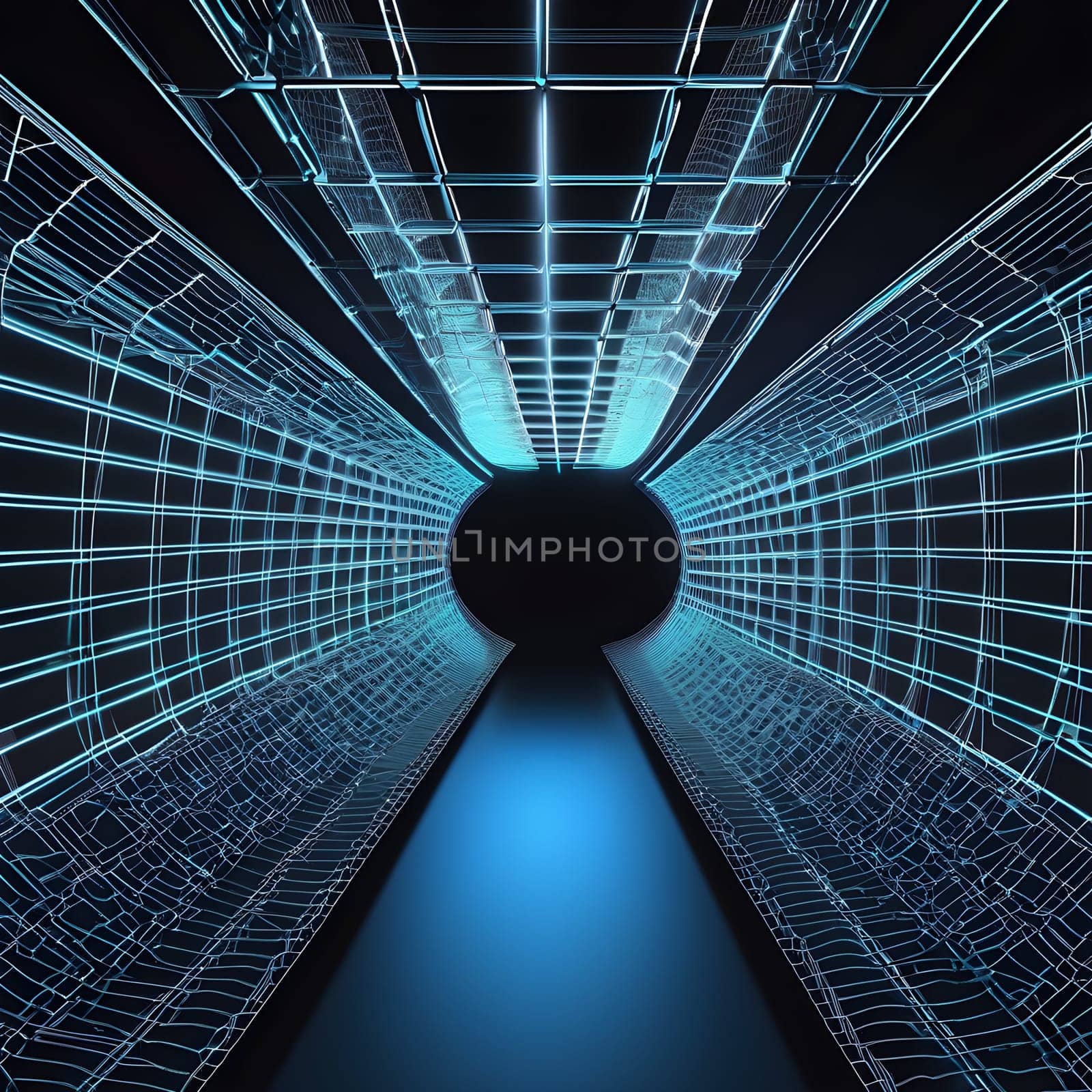 An abstract wireframe tunnel featuring a glowing center, creating a sense of depth and modern, futuristic aesthetics.