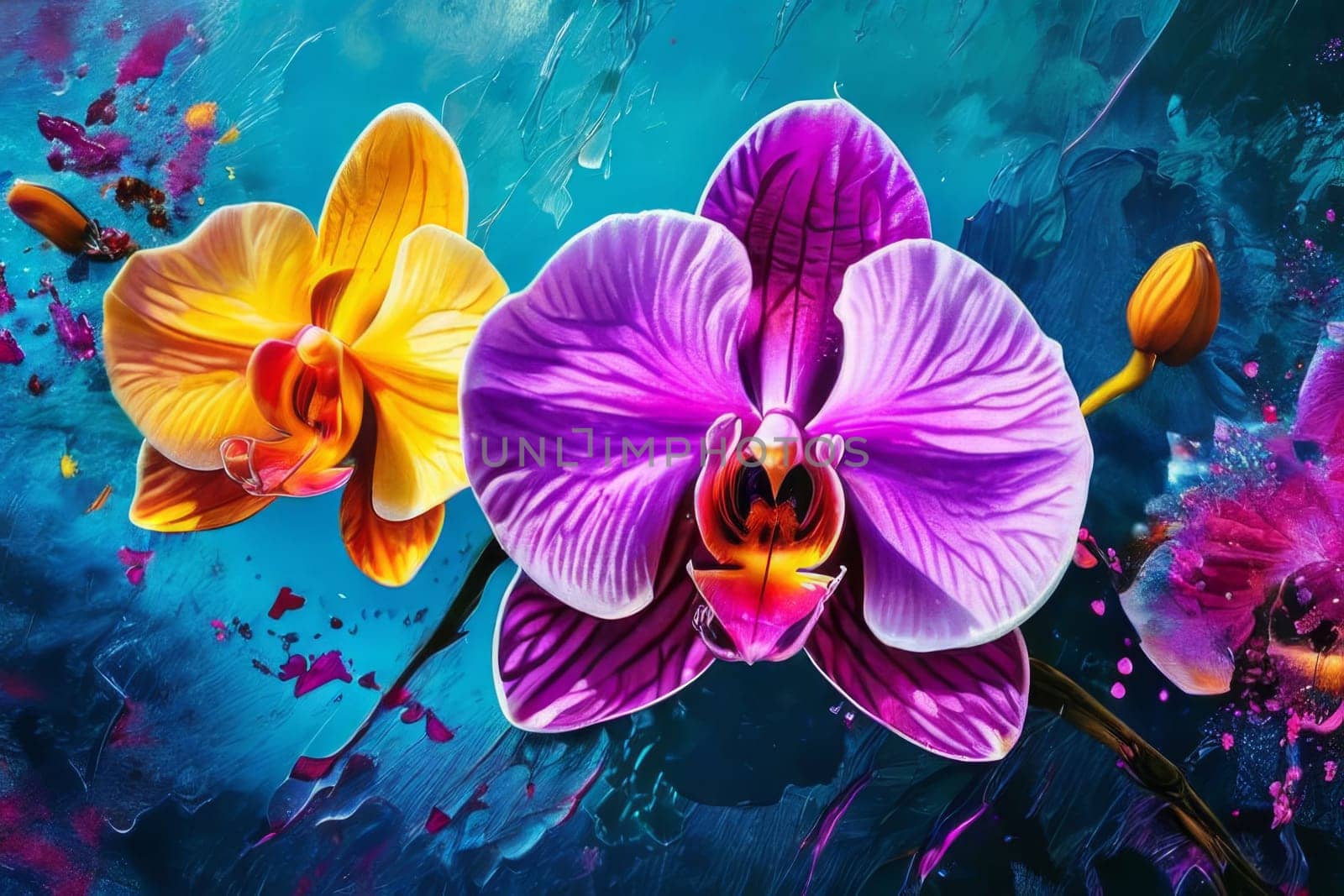 Beautiful yellow and purple orchids with delicate petals and vibrant green leaves, against dark starry backdrop, ideal for floral-themed designs and projects seeking elegance and beauty