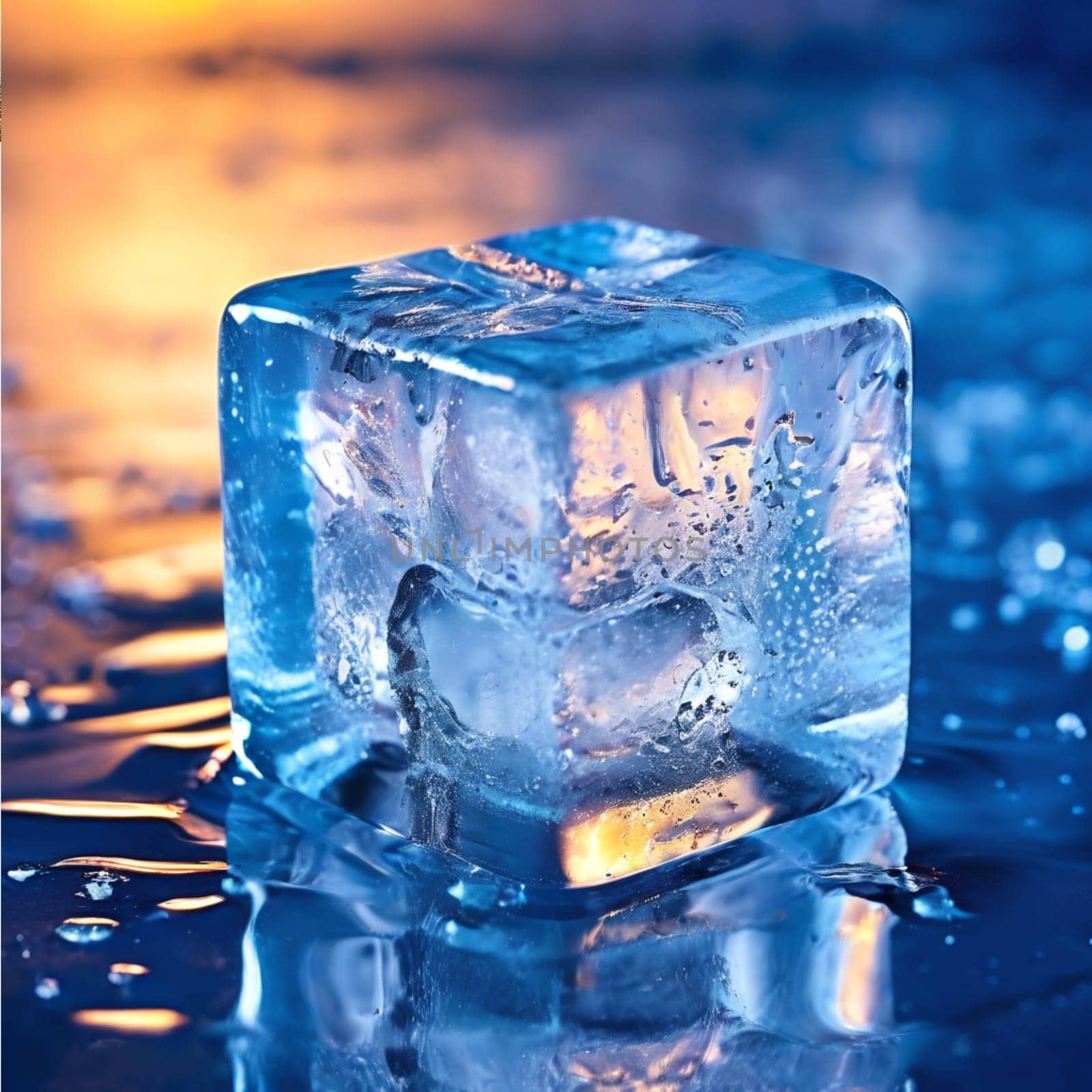 A detailed close-up of bubbles trapped in a frozen ice cube, illuminated by colorful lighting, creating a vibrant, abstract effect.