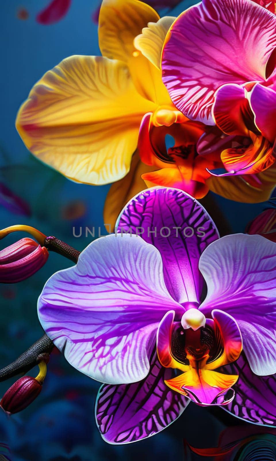 Beautiful yellow and purple orchids with delicate petals and vibrant green leaves, against dark starry backdrop, ideal for floral-themed designs and projects seeking elegance and beauty