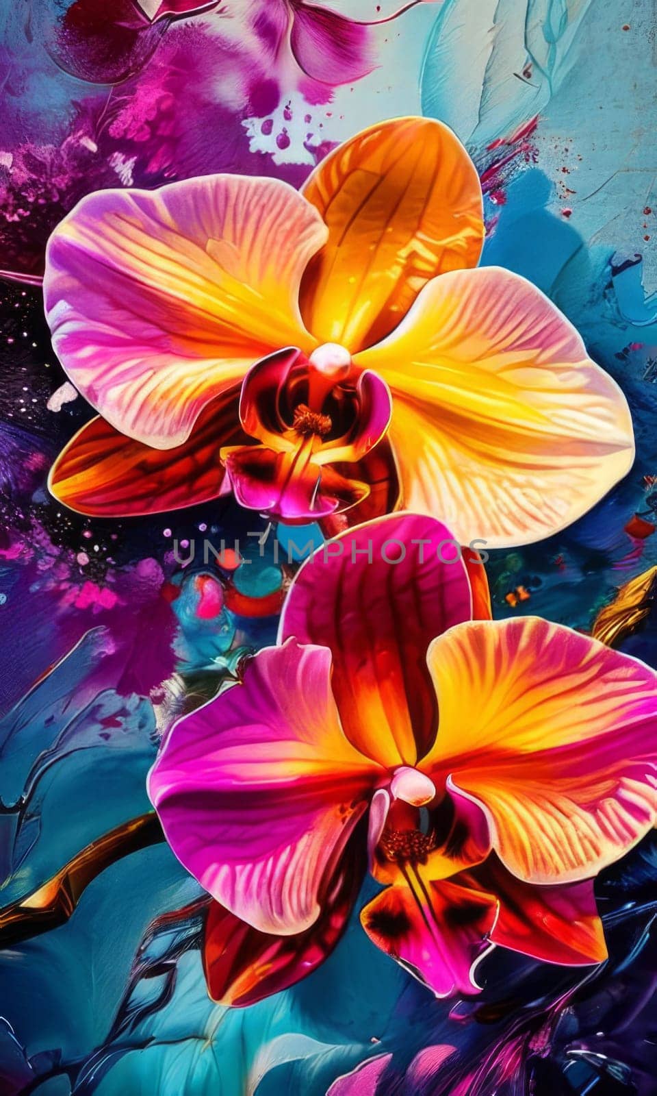 Beautiful yellow and purple orchids with delicate petals and vibrant green leaves, against dark starry backdrop, ideal for floral-themed designs and projects seeking elegance and beauty