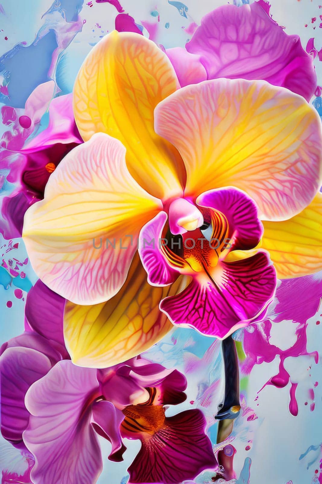 Beautiful yellow and purple orchids with delicate petals and vibrant green leaves, against dark starry backdrop, ideal for floral-themed designs and projects seeking elegance and beauty