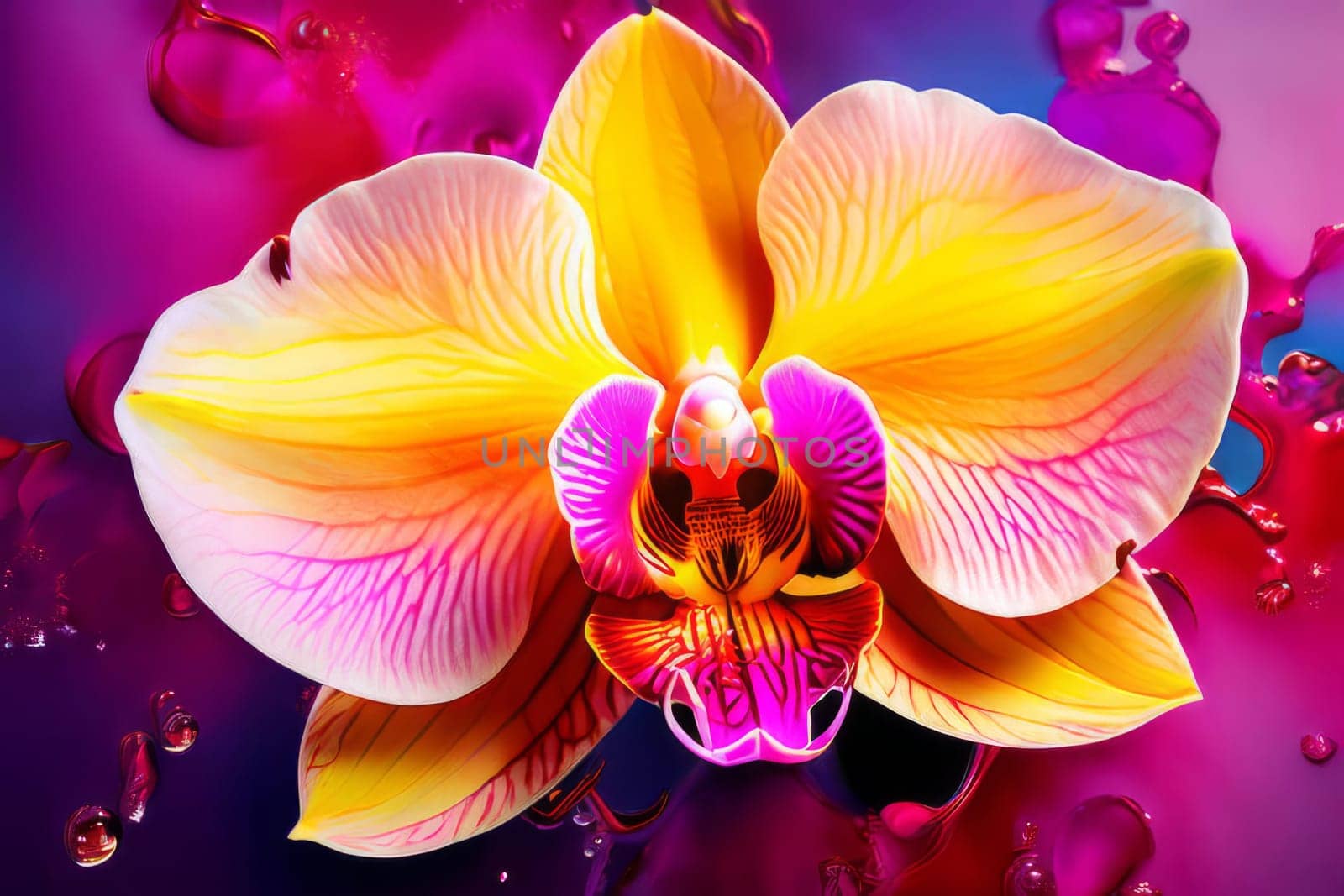 Beautiful yellow and purple orchids with delicate petals and vibrant green leaves, against dark starry backdrop, ideal for floral-themed designs and projects seeking elegance and beauty